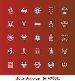 Editable 25 poison icons for web and mobile. Set of poison included icons line Spider, No smoking, Biohazard, Skull, Scorpion, Insecticide, Posion, Potion, Snake, Poison on red