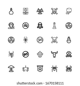 Editable 25 poison icons for web and mobile. Set of poison included icons line Spider, Jolly roger, Nuclear, Gas mask, Skull, No smoking, Scorpion, Potion on white background