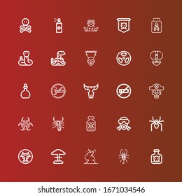 Editable 25 poison icons for web and mobile. Set of poison included icons line Toxic, Scorpion, Smoke, Nuclear, Biohazard, Spider, Gas mask, Posion, Skull, No smoking, Smoking on red