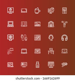 Editable 25 portable icons for web and mobile. Set of portable included icons line Blaster, Computer, Usb, Monitoring, Laptop, Desktop, Headphones, Usb cable, Walkie talkie on red