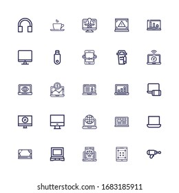 Editable 25 portable icons for web and mobile. Set of portable included icons line Blaster, Tablet, Laptop, Stage, Computer, Electronics, Coffee cup, Pendrive on white background