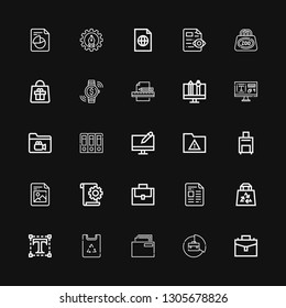 Editable 25 portfolio icons for web and mobile. Set of portfolio included icons line Suitcase, Briefcase, Folder, Paper bag, Typography, Bag, File, Luggage on black background