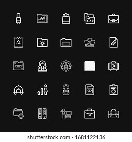 Editable 25 portfolio icons for web and mobile. Set of portfolio included icons line Briefcase, Suitcase, Graphic designer, Documentation, Folder, File, Bag on black background
