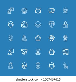 Editable 25 portrait icons for web and mobile. Set of portrait included icons line Woman, Avatar, Clown, Grandmother, Gallery, Selfie, Heisenberg, Heads on blue background