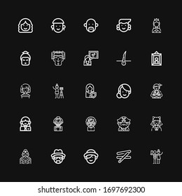 Editable 25 portrait icons for web and mobile. Set of portrait included icons line Selfie, Stick, Woman, Heisenberg, Grandmother, Cosplayer, Beard, Clown, Photographer on black background