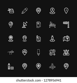 Editable 25 position icons for web and mobile. Set of position included icons line Placeholder, Contact, Marker, Yoga, Street map, Location, Pinned, Wind sign on black background