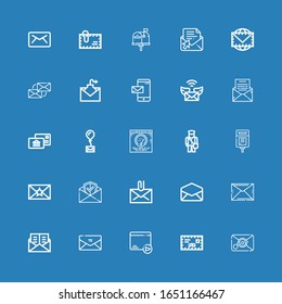 Editable 25 postage icons for web and mobile. Set of postage included icons line Email, Mail, Envelope, Mailbox, Postman, Post, Postal on blue background