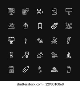 Editable 25 poster icons for web and mobile. Set of poster included icons line Milkshake, Lotus temple, Surfboard, Stand, Empire state, Woman suffrage, Candy corn on black background