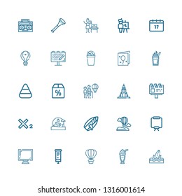 Editable 25 poster icons for web and mobile. Set of poster included icons line Surfboard, Milkshake, Hot air balloon, Roll up, Display, Canvas, Wild west, Subscript on white background