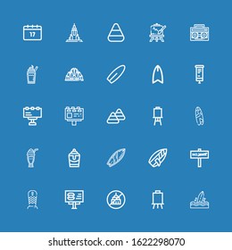 Editable 25 poster icons for web and mobile. Set of poster included icons line Surfboard, Canvas, Ngo, Billboard, War, Milkshake, Candy corn, Roll up, Lotus temple on blue background