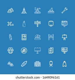 Editable 25 poster icons for web and mobile. Set of poster included icons line Surfboard, Canvas, Radio cassette, Zongzi, Billboard, Flyer, Ngo, Gorilla, Placard on blue background