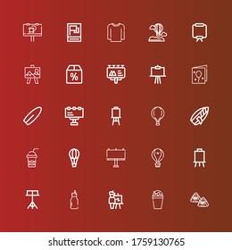 Editable 25 poster icons for web and mobile. Set of poster included icons line Zongzi, Milkshake, Easel, Stand, Canvas, Hot air balloon, Billboard, Surfboard, Birthday card on red