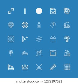 Editable 25 power icons for web and mobile. Set of power included icons line Mixer, Saw, Spears, Ecology, Electric telegraph, Nuclear plant, Weight, Motion on blue background
