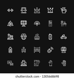 Editable 25 power icons for web and mobile. Set of power included icons line Gloves, Remote control, Fist, Smart house, Judo, Magnet, Weights, Slavery, Gas on black background