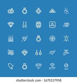 Editable 25 precious icons for web and mobile. Set of precious included icons line Necklace, Diamond, Ring, Earrings, Jewelry, Ingots, Gem, Pendant, Wedding rings on blue background