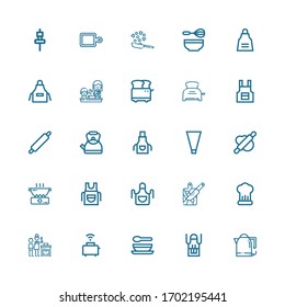 Editable 25 preparation icons for web and mobile. Set of preparation included icons line Kettle, Apron, Soup, Toaster, Cooking, Cutting board, Rolling pin on white background