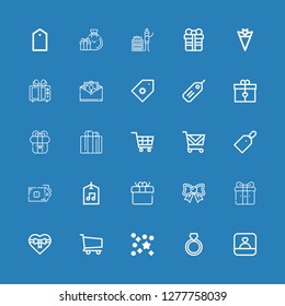Editable 25 present icons for web and mobile. Set of present included icons line Ring, Confetti, Shopping cart, Gift, Bow, Label, Tag, Price tag, Present, Greeting card on blue background
