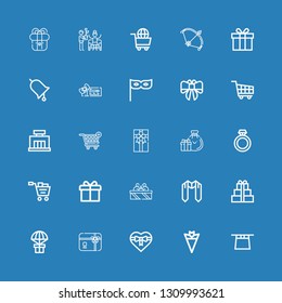 Editable 25 present icons for web and mobile. Set of present included icons line Magic hat, Bouquet, Gift, Gift card, Sash, Gifts, Shopping cart, Ring, Gift box on blue background