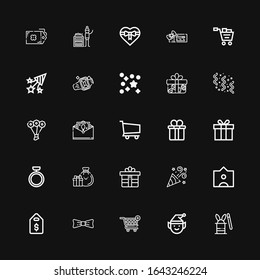 Editable 25 present icons for web and mobile. Set of present included icons line Magic hat, Elf, Shopping cart, Bow, Price tag, Tag, Party, Gift, Gifts, Ring on black background