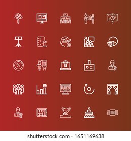 Editable 25 iconos de presentación para web y móvil. Conjunto de presentaciones incluye iconos línea Rotación, Conferencia, Podio, Estadísticas, Empresario, Cortinas, Rotación, Computadora en rojo