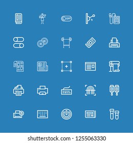 Editable 25 press icons for web and mobile. Set of press included icons line Printing, Newspaper, Power, Keypad, Printer, Cartridge, Fingerprint, Keyboard, Selection on blue background