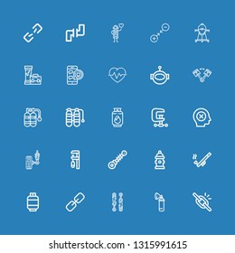 Editable 25 pressure icons for web and mobile. Set of pressure included icons line Broken link, Oxygen, Piston, Link, Gas, Pipe, Hydrant, Suspension, Clamp on blue background