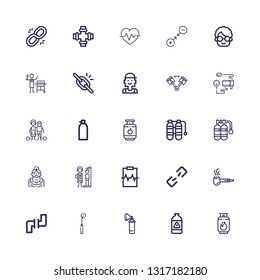 Editable 25 pressure icons for web and mobile. Set of pressure included icons line Gas, Oxygen, Tracing wheel, Pipes, Pipe, Broken link, Cardiogram, Height on white background