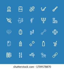 Editable 25 pressure icons for web and mobile. Set of pressure included icons line Link, Gas, Pipe, Piston, Oxygen tank, Spring, Oxygen, Broken link, Hydrant on blue background