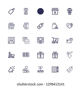 Editable 25 price icons for web and mobile. Set of price included icons line Discount, Shopping list, Sign, Gifts, Promotion, Gift, Barcode, Shopping, Gift card on white background