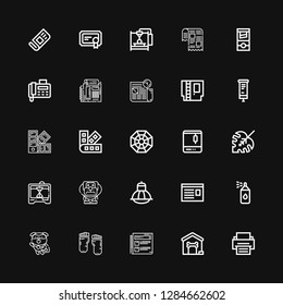 Editable 25 print icons for web and mobile. Set of print included icons line Printer, Dog house, News, Barefoot, Dog, Paint spray, Newspaper, Terrarium, d printers on black background