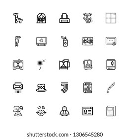 Editable 25 print icons for web and mobile. Set of print included icons line Newspaper, Certificate, Terrarium, Kiss, Indian tent, Picker, Juventus, Top hat on white background