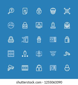 Editable 25 private icons for web and mobile. Set of private included icons line Padlock, Cctv, Unlocked, Lockers, Hacker, Password, Locker, Lock, Censor, Vpn on blue background