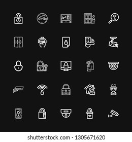 Editable 25 private icons for web and mobile. Set of private included icons line Cctv, Padlock, Locked, Mafia, Lock, Unlocked, Surveillance, Observation, Handle on black background