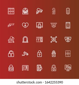 Editable 25 private icons for web and mobile. Set of private included icons line Password, Padlock, Cctv, Lockers, Unlocked, Vpn, Lock, House key, Keyhole, Door hanger on red