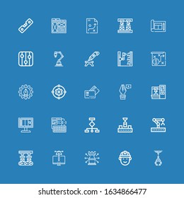 Editable 25 process icons for web and mobile. Set of process included icons line Industrial robot, Engineering, Strategy, Design, Robot arm, Robotic arm, Conveyor on blue background