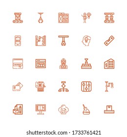 Editable 25 process icons for web and mobile. Set of process included icons line Conveyor, Yeast, File transfer, Design, Branding, Industrial robot, Levels on white background