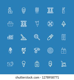 Editable 25 product icons for web and mobile. Set of product included icons line Delivery cart, Ice cream, Price tag, Tag, Ketchup, Hummus, Sausage, Corn, Barcode on blue background
