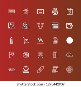 Editable 25 product icons for web and mobile. Set of product included icons line Vegan food, Package, Sausage, Wipes, Salami, Cheese, Basket, Industrial robot, Scanner on red