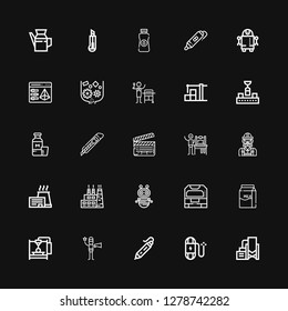 Editable 25 production icons for web and mobile. Set of production included icons line Reservoir, Wire, d printing pen, Film director, d printer, Milk, Machine on black background