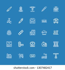 Editable 25 production icons for web and mobile. Set of production included icons line Robotic arm, Factory, Recording, d printing, Robot arm, Oil, Warehouse on blue background