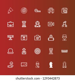 Editable 25 professional icons for web and mobile. Set of professional included icons line Headhunting, Chess, Surgeon, Pool table, Hand, Comb, Column, Shutter, Worker on red