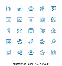 Editable 25 progress icons for web and mobile. Set of progress included icons line Analytics, Gear, Settings, Cogwheel, Speed, Loader, Line chart, Growth, Choice on white background