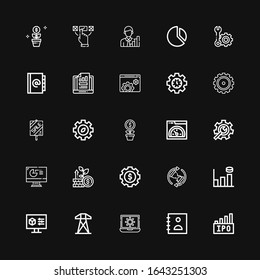 Editable 25 progress icons for web and mobile. Set of progress included icons line Ipo, Agenda, Loading, Electric tower, Settings, Graph bar, Waiting, Growth on black background