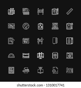 Editable 25 project icons for web and mobile. Set of project included icons line Design, Management, Clipboard, System, Agenda, Graphic design, Ruler, Draft on black background