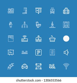 Editable 25 public icons for web and mobile. Set of public included icons line Hotspot, Train, Group, Taxi, Railway, Speaker, Toilet, Parking, Presentation on blue background