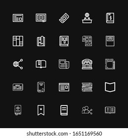 Editable 25 publish icons for web and mobile. Set of publish included icons line Book, Share, Bookmark, Books, Newspaper, Library, News, Workbook, Magazine on black background