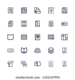 Editable 25 publishing icons for web and mobile. Set of publishing included icons line Book, Literature, Books, Flyer, Guide book, Swatches on white background