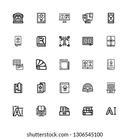 Editable 25 publishing icons for web and mobile. Set of publishing included icons line Typography, Books, Literature, Book, Guide book, Flyer, Magazine, Swatches on white background