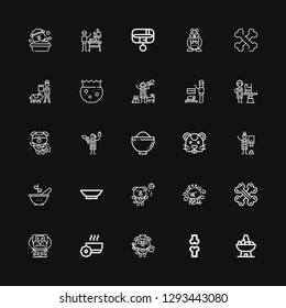 Editable 25 puppy icons for web and mobile. Set of puppy included icons line Bowl, Bone, Dog, Bones, Veterinarian, Hamster, Collar on black background
