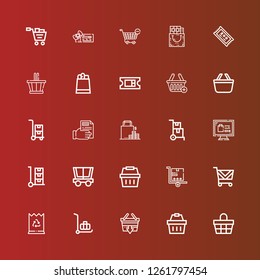 Editable 25 purchase icons for web and mobile. Set of purchase included icons line Basket, Shopping basket, Delivery cart, Paper bag, Shopping cart, Trolley, Online shopping on red
